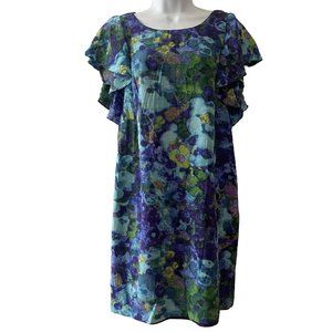 Donna Morgan Shift Dress 100% Silk Flutter Sleeve Sz 6 Watercolor Cool Blue